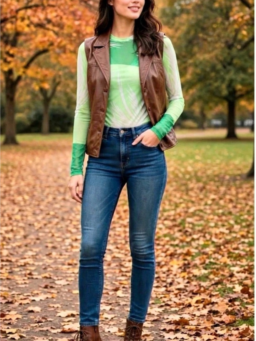 AFRM Palm Dot Mesh Top Green & White Long Sleeve Small